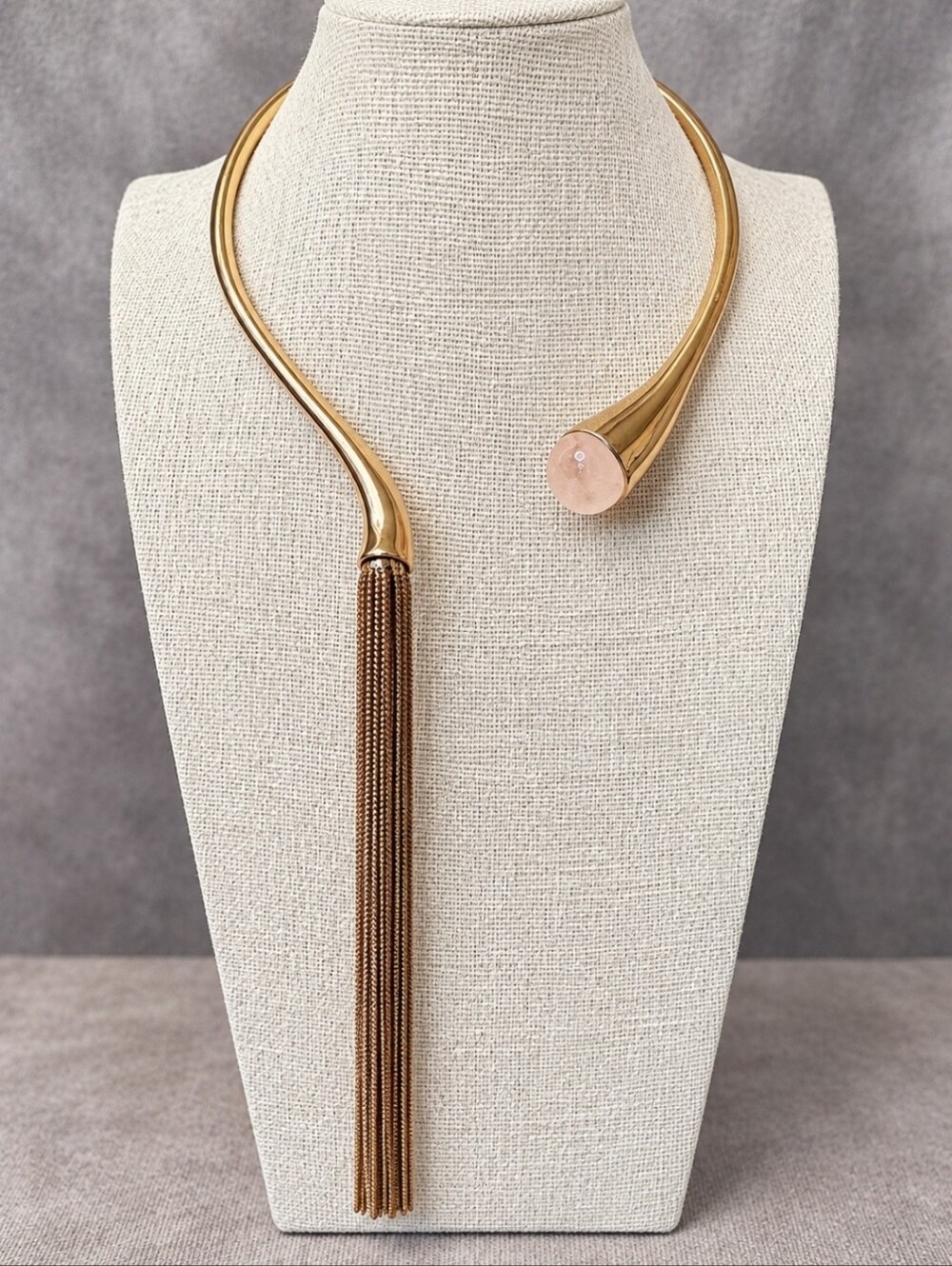Rose Quartz Highly Polished Hinge Collar Asymmetrical Box Chain Golden Necklace